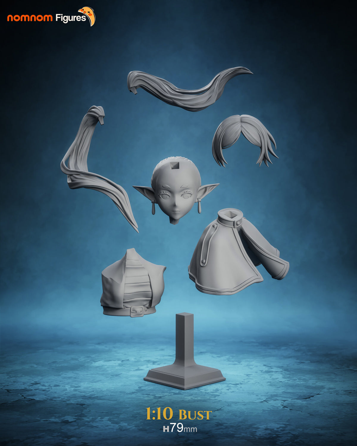 Studio scale and parts sheet (kit ships unpainted): the bust's separate parts laid out with the studio's bust height