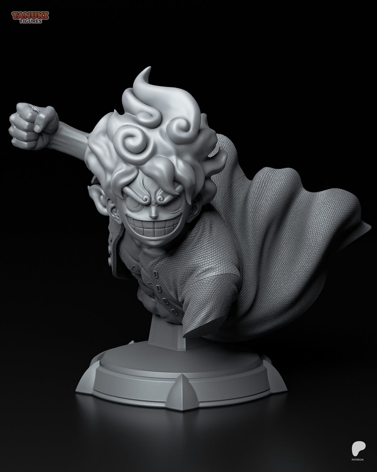 Sculptor's render of the painted design (kit ships unpainted): gray sculpt view from the front of the white-haired fighter's bust mid-punch, cape billowing behind, on a round plinth