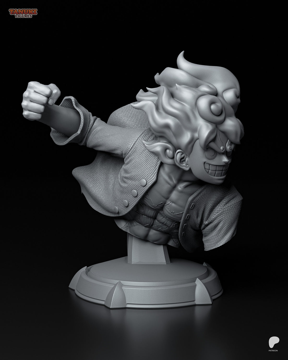 Sculptor's render (kit ships unpainted): gray view from his right, the punching arm, open shirt and muscular chest