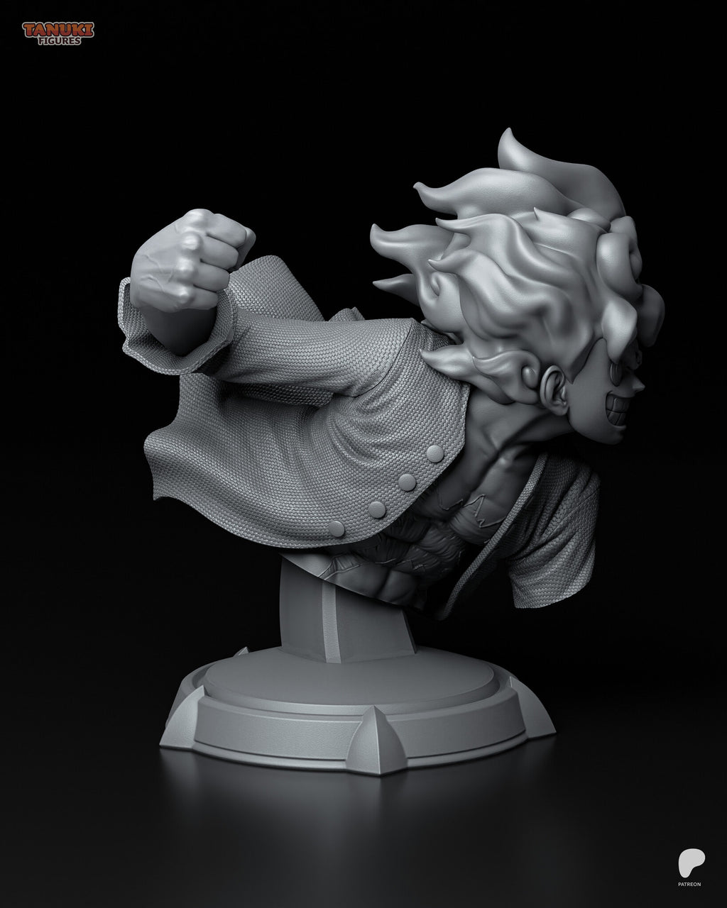 Sculptor's render (kit ships unpainted): gray side view of the grinning face, the spiral curls and the leaning post