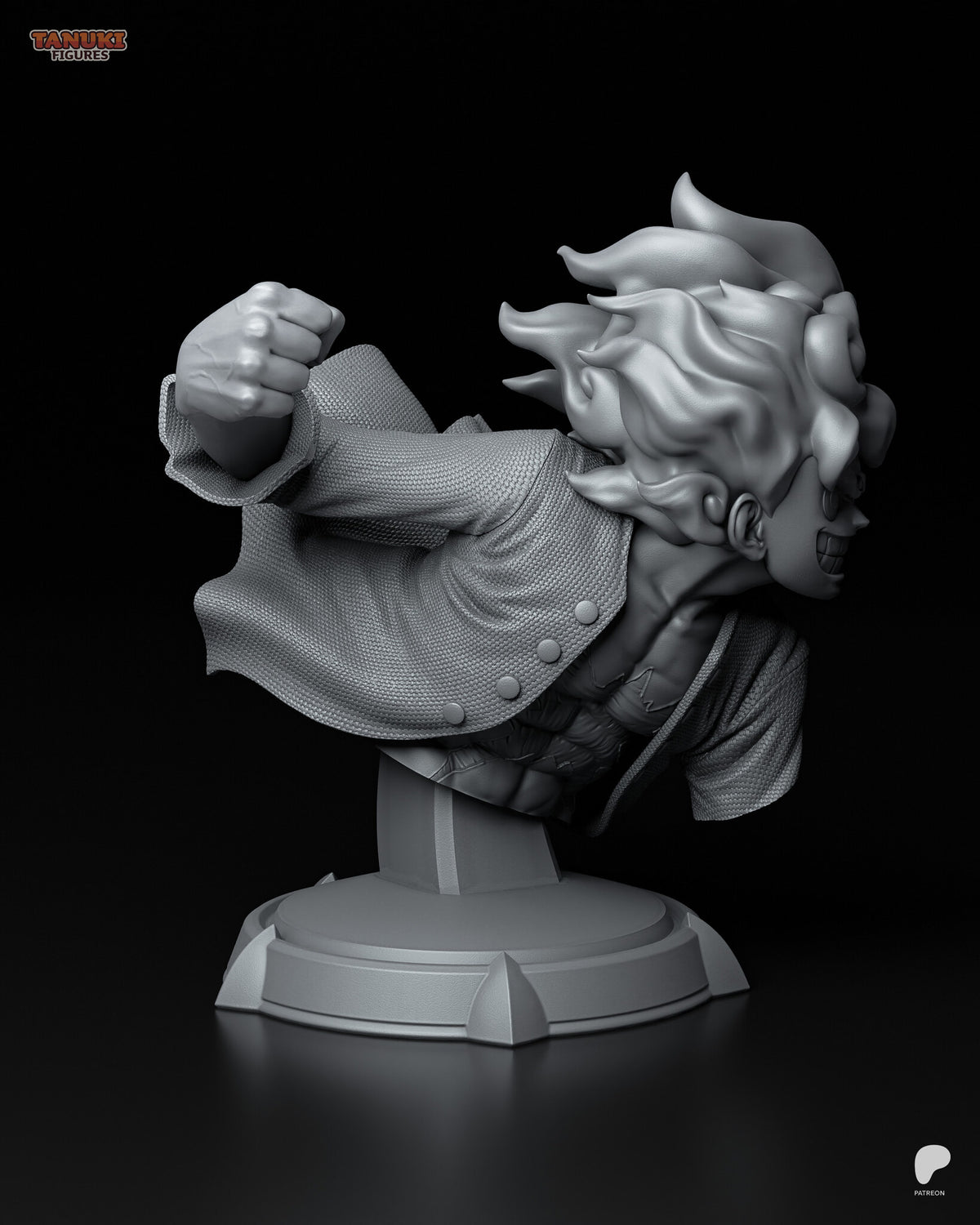 Sculptor's render (kit ships unpainted): gray side view of the grinning face, the spiral curls and the leaning post
