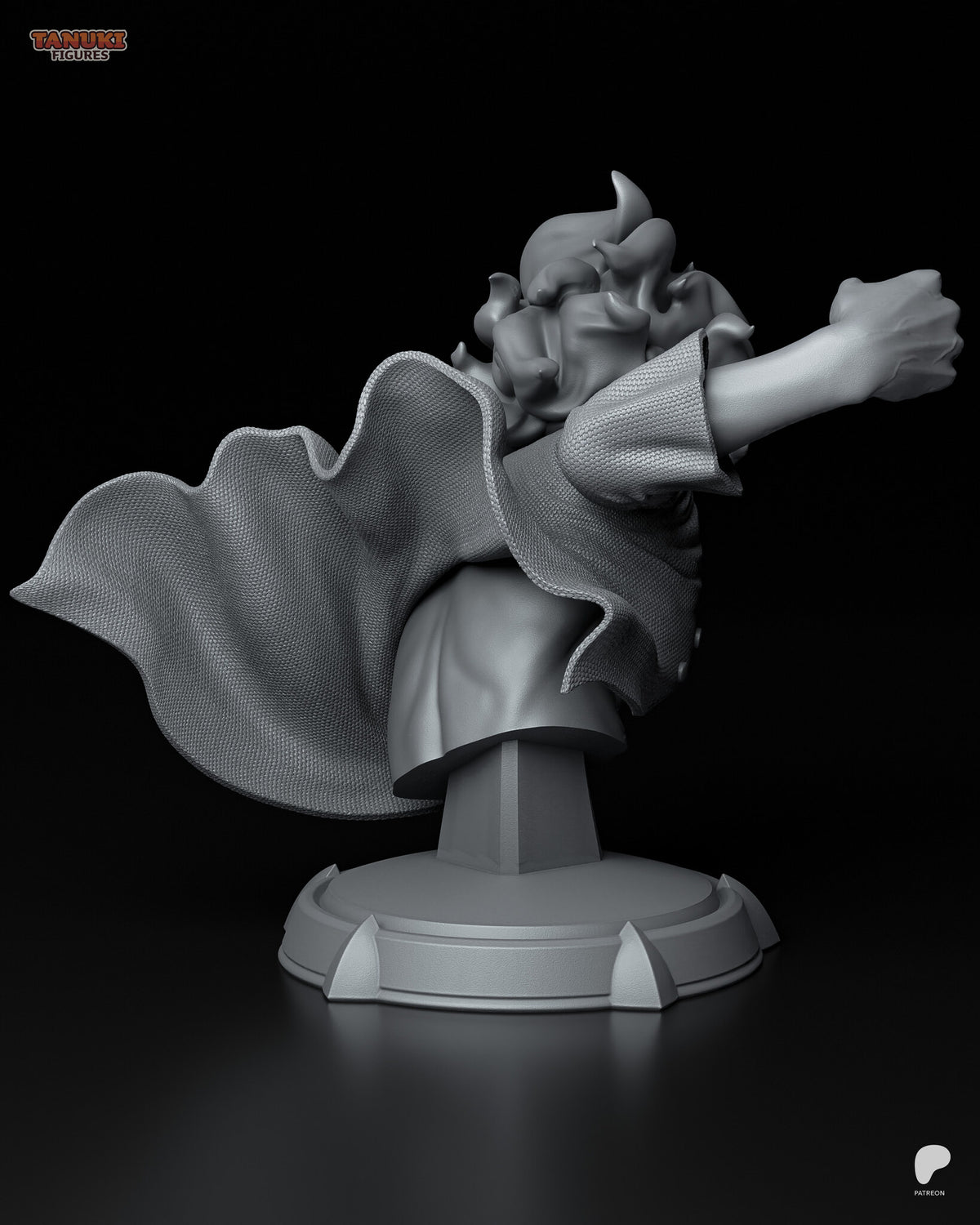 Sculptor's render (kit ships unpainted): gray rear view of the billowing cape with its wavy hem and the outstretched fist