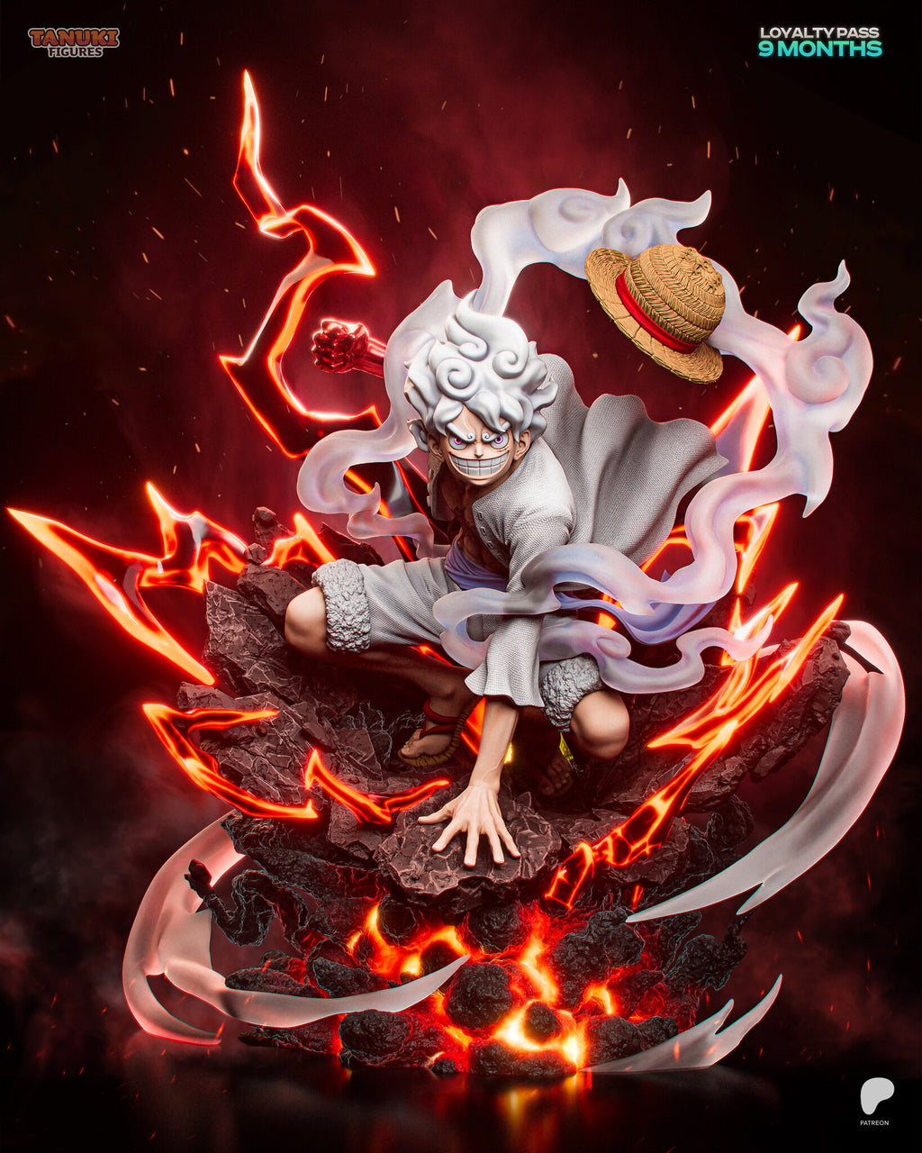 Sculptor's render of the painted design (kit ships unpainted): front view of the white-haired fighter crouched on a lava rock, cloud swirls round him, his hat flying and red lightning bolts spiking out