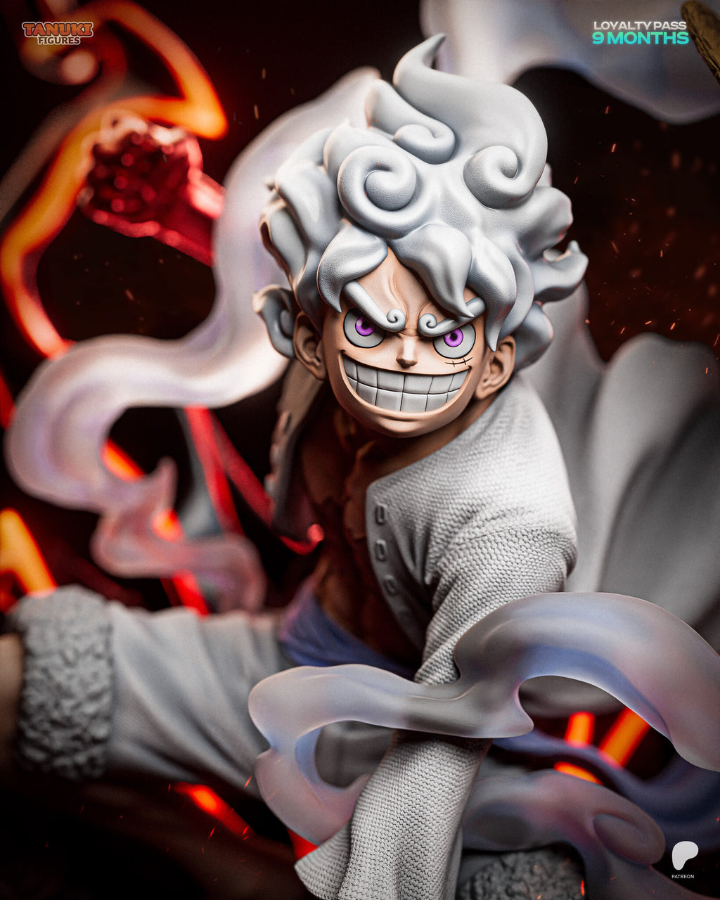 Sculptor's render (kit ships unpainted): close-up of the grinning face with ringed eyes under the white curls
