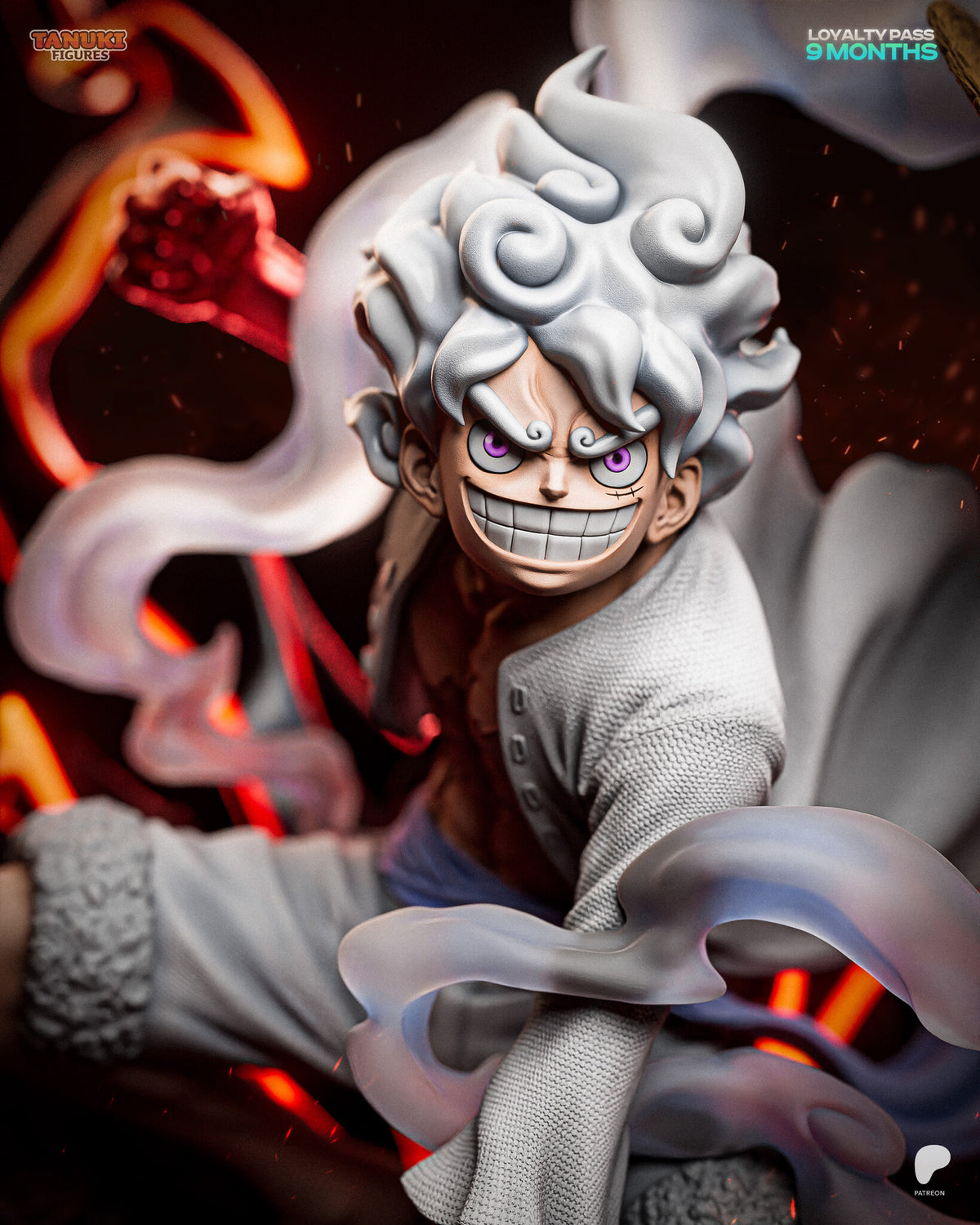 Sculptor's render (kit ships unpainted): close-up of the grinning face with ringed eyes under the white curls