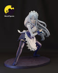 Sculptor's render of the painted design (kit ships unpainted): three-quarter front view of the white-haired maid in a low lunge with her hands on her sword grip, on the oval cobblestone base