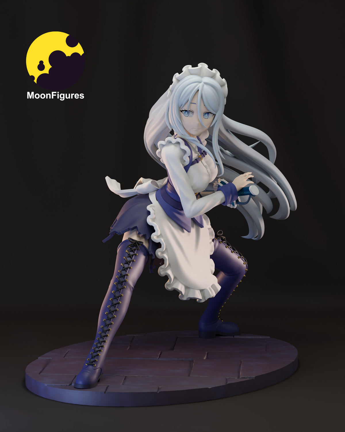 Sculptor's render of the painted design (kit ships unpainted): three-quarter front view of the white-haired maid in a low lunge with her hands on her sword grip, on the oval cobblestone base