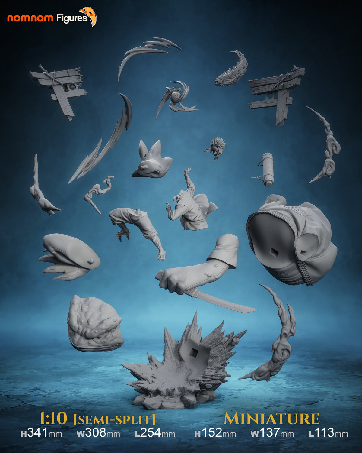 Studio scale and parts sheet (kit ships unpainted): the studio's sizes for the miniature (152 mm tall, 137 mm wide, 113 mm long) and the 1:10 scale; the exploded parts shown are the studio's 1:10 layout, and the miniature comes in 20 pieces