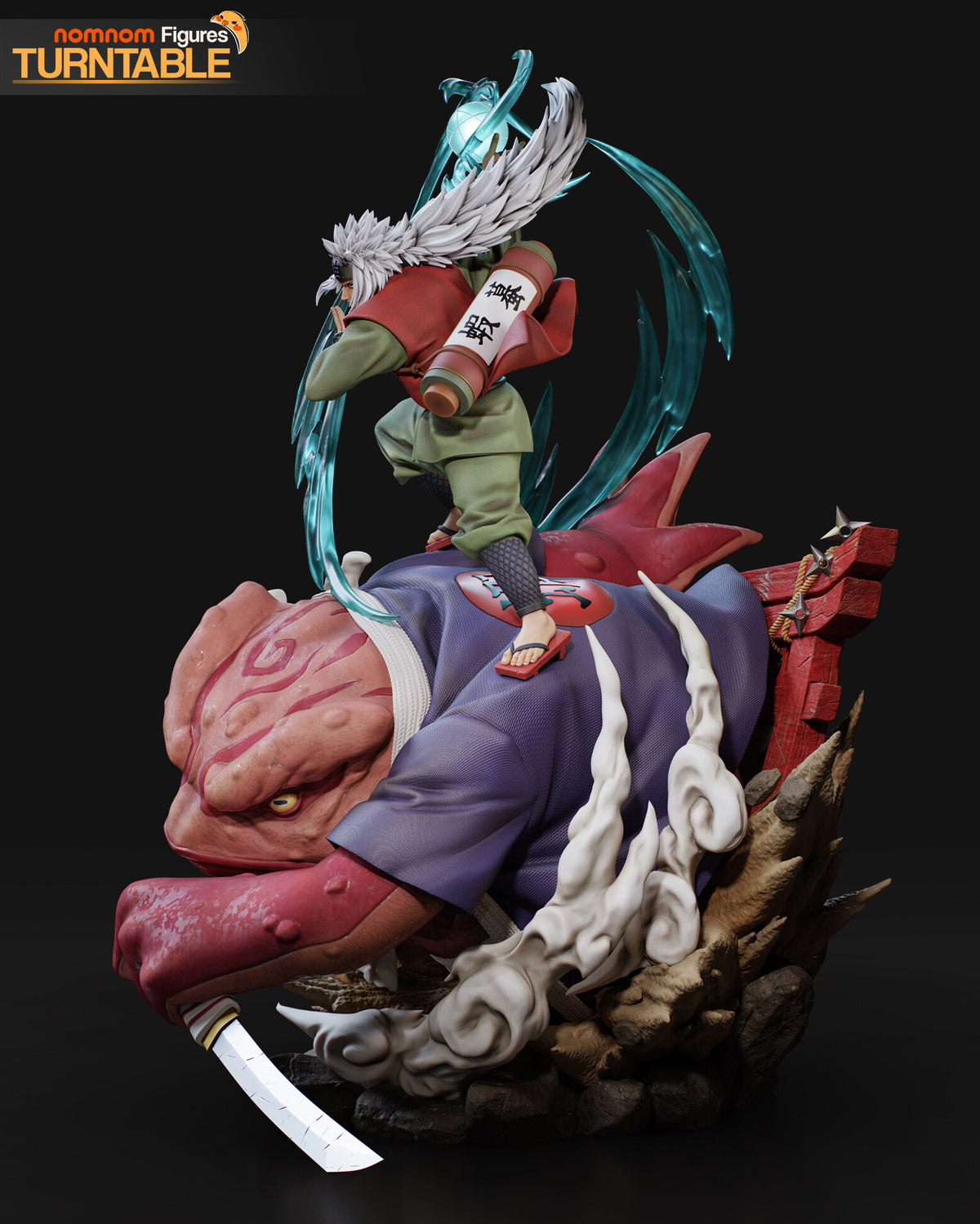 Sculptor's render of the painted design (kit ships unpainted): the miniature is the same sculpt at 152 mm tall; side view showing the toad's indigo vest, the curling smoke and the short sword