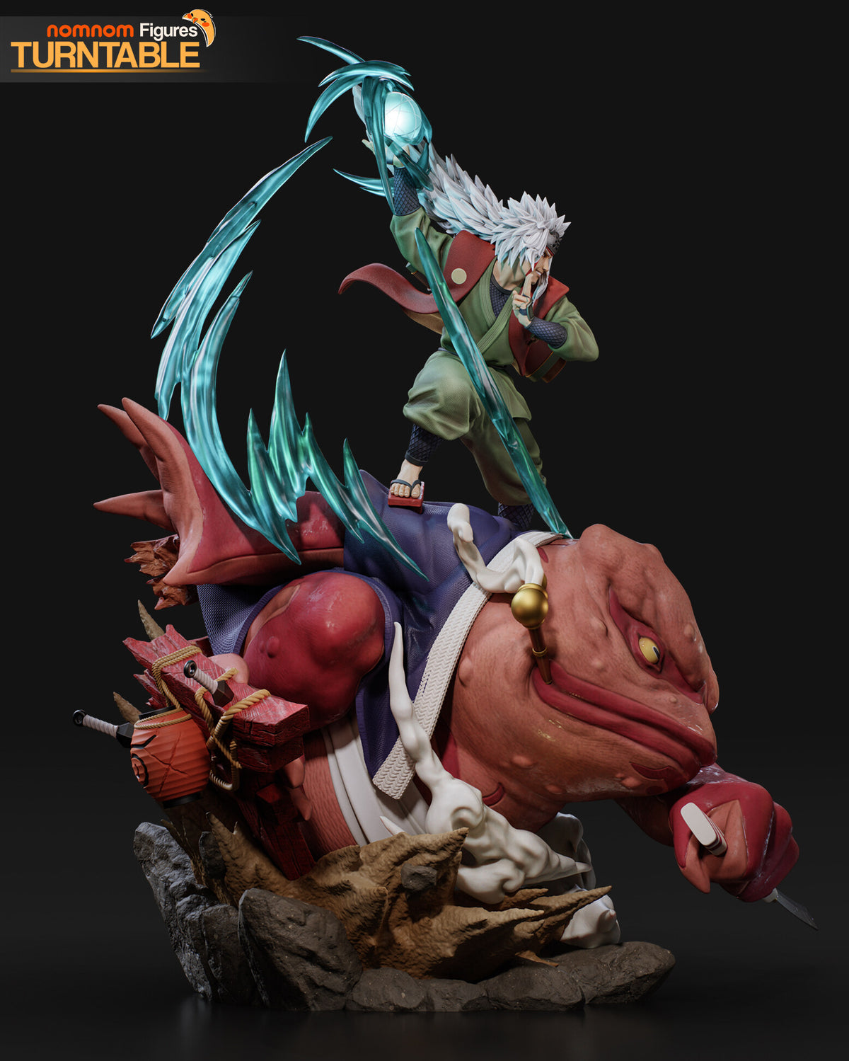 Sculptor's render of the painted design (kit ships unpainted): the miniature is the same sculpt at 152 mm tall; side view with the gate wreckage, the paper lantern and the toad's pipe