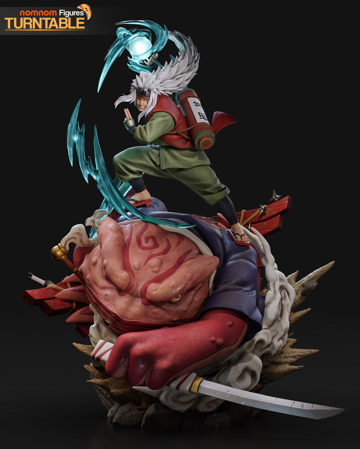 Sculptor's render of the painted design (kit ships unpainted): front view of the white-maned ninja on the giant red toad, the glowing sphere raised and the sword jutting from the toad's hand over the rock base