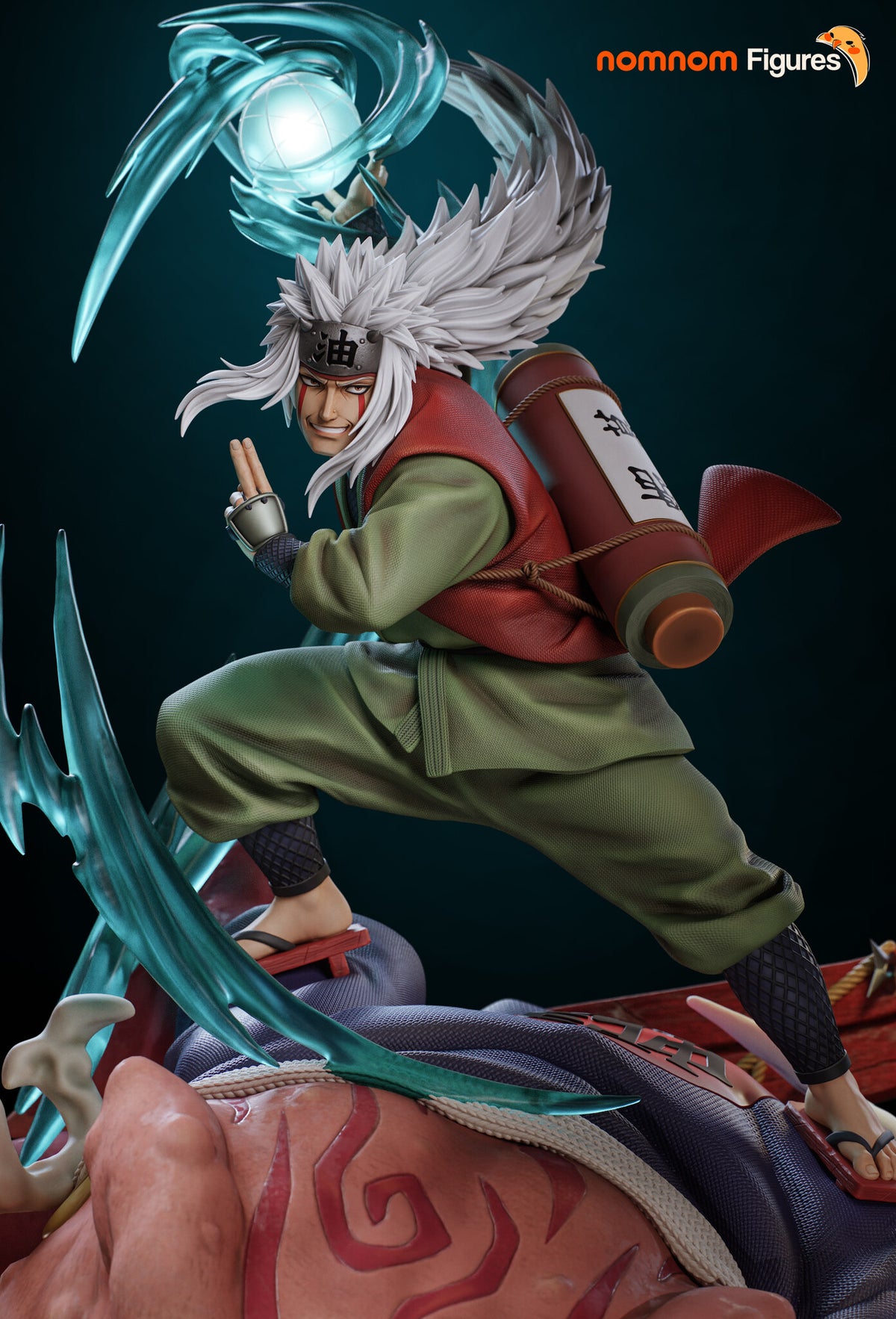 Sculptor's render (kit ships unpainted): painted view of the ninja standing on the toad's back, the glowing sphere and teal energy ribbons above him