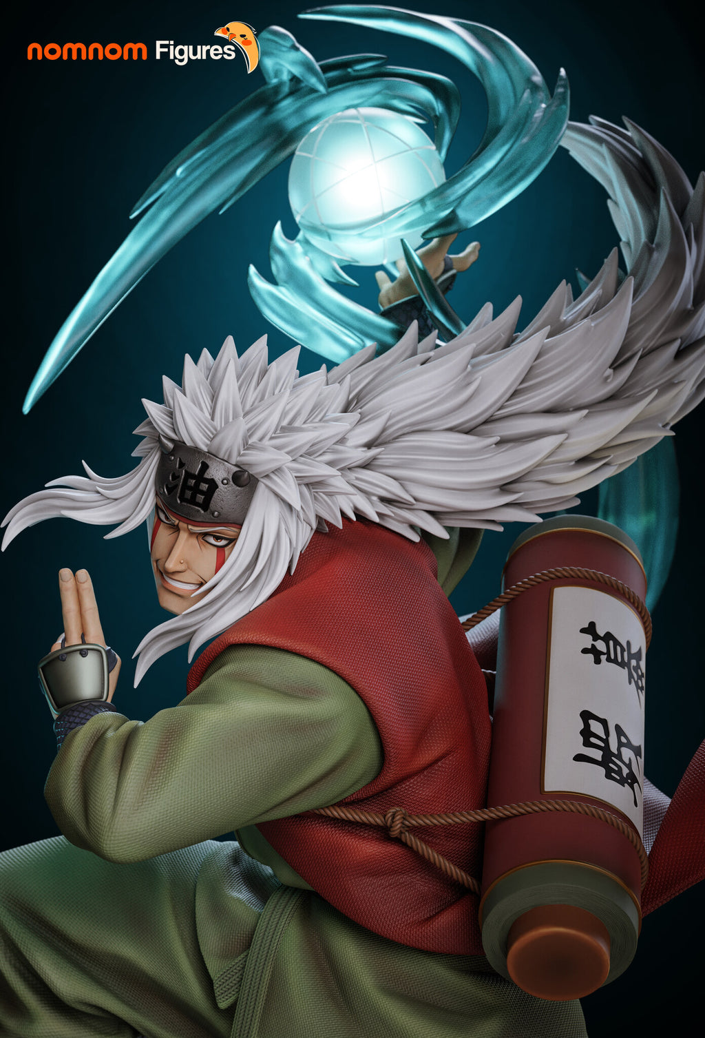 Sculptor's render (kit ships unpainted): close view of the grinning ninja with two fingers raised, the giant scroll on his back and the sphere above