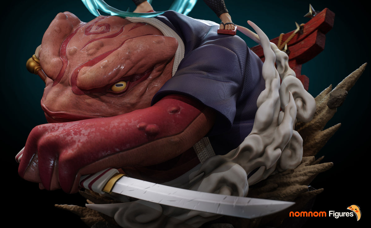 Sculptor's render (kit ships unpainted): close view of the toad's face, bandaged hand and short sword in the smoke