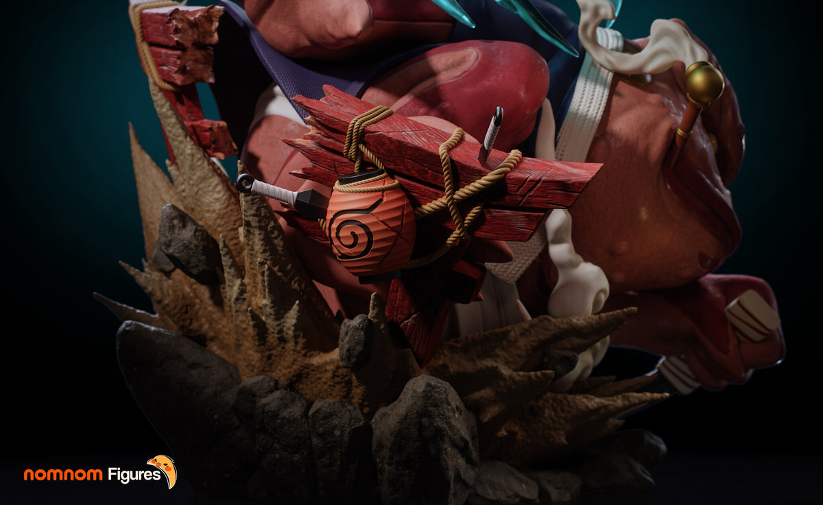 Sculptor's render (kit ships unpainted): close view of the gate wreckage with the paper lantern, rope, knife and rock spikes