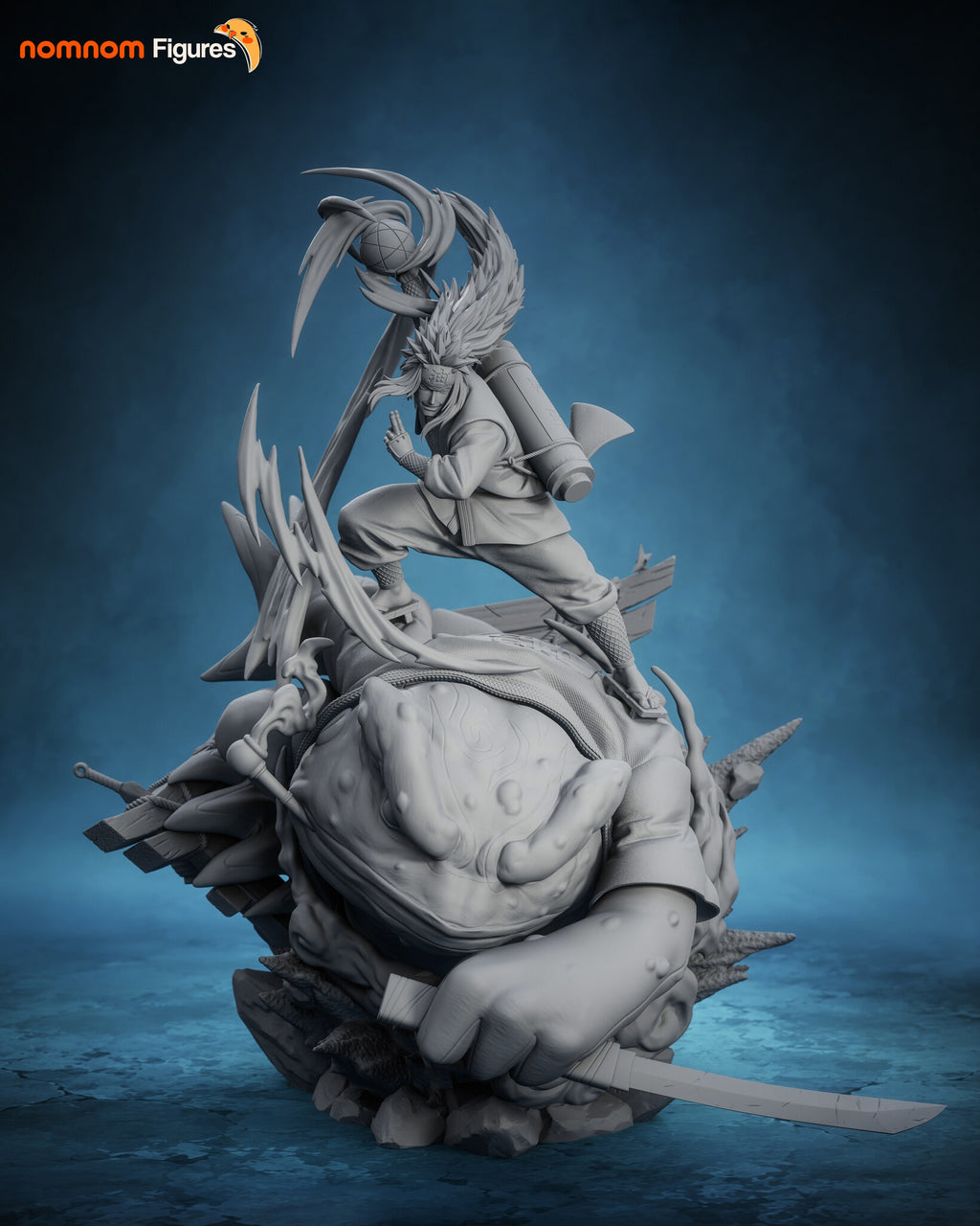 Sculptor's render (kit ships unpainted): unpainted gray front view of the whole 1:10 diorama