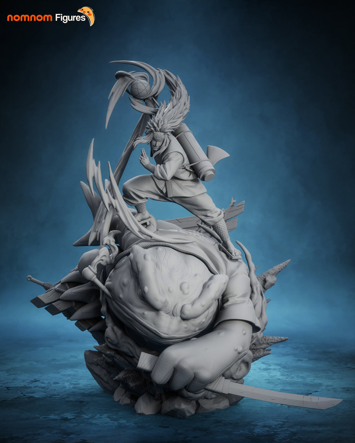 Sculptor's render (kit ships unpainted): unpainted gray front view of the whole 1:10 diorama