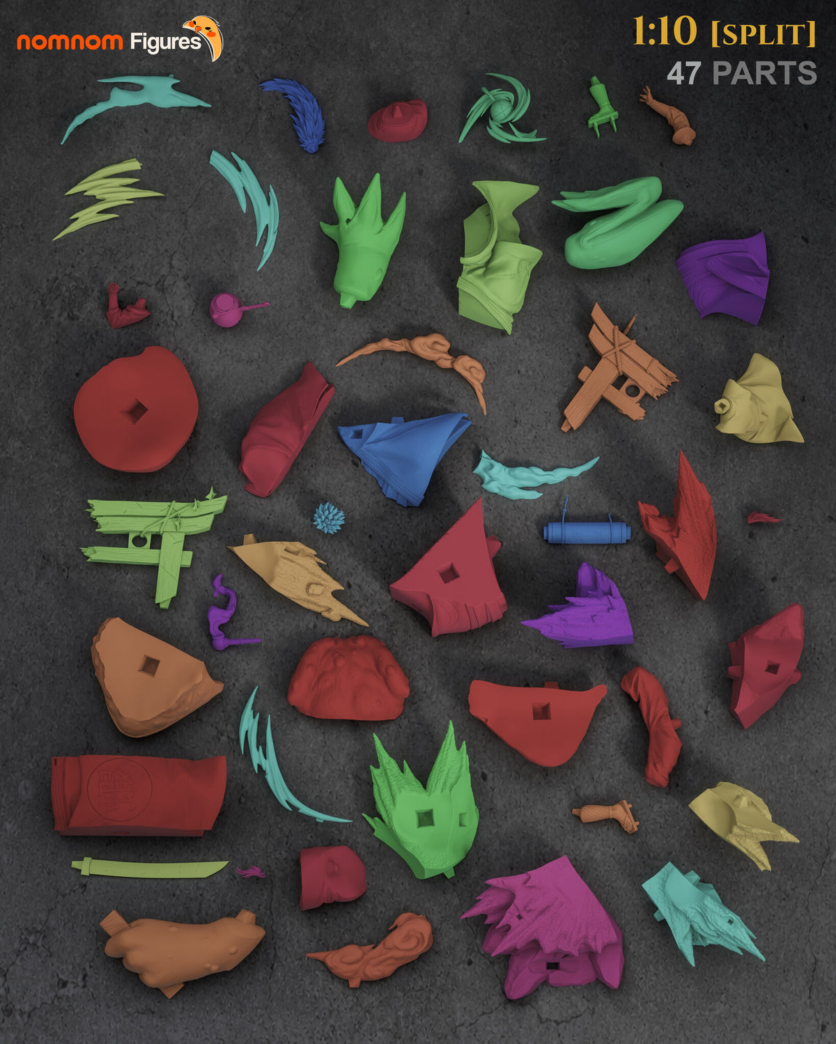 Studio parts sheet (kit ships unpainted): the 47 parts of the 1:10 split kit laid out