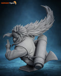 Sculptor's render of the design, shown in gray (kit ships unpainted): bust of the white-maned ninja with the giant scroll across his back, his long mane sweeping behind him and two fingers raised, on a square plinth