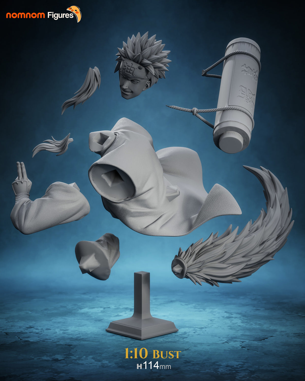Studio scale and parts sheet (kit ships unpainted): the bust's separate parts laid out with the studio's bust height