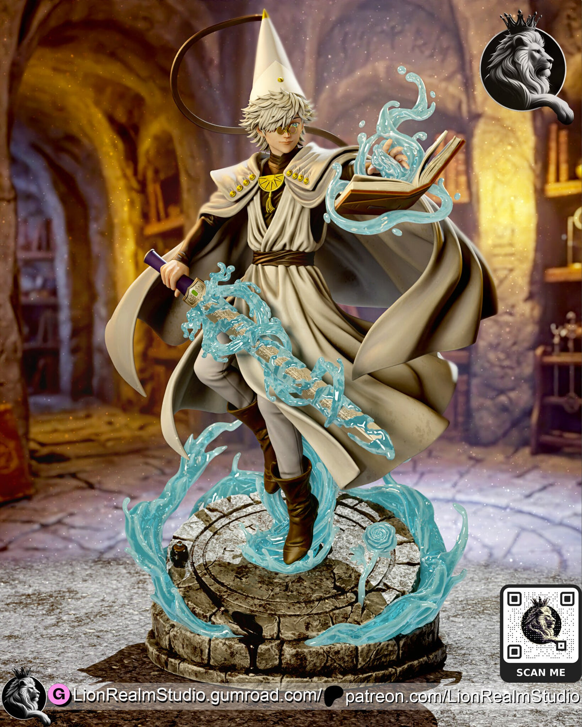 Sculptor's render of the painted design (kit ships unpainted): full front view of the mage in a tall white pointed hat stepping on a column of water above the round stone plinth, open book raised and the bare sword wrapped tightly in water