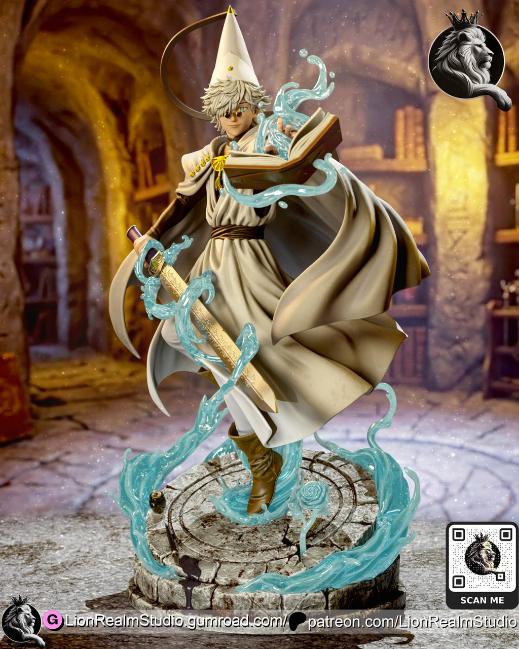 Sculptor's render (kit ships unpainted): full front view with the bare engraved sword and loose loops of water around the blade