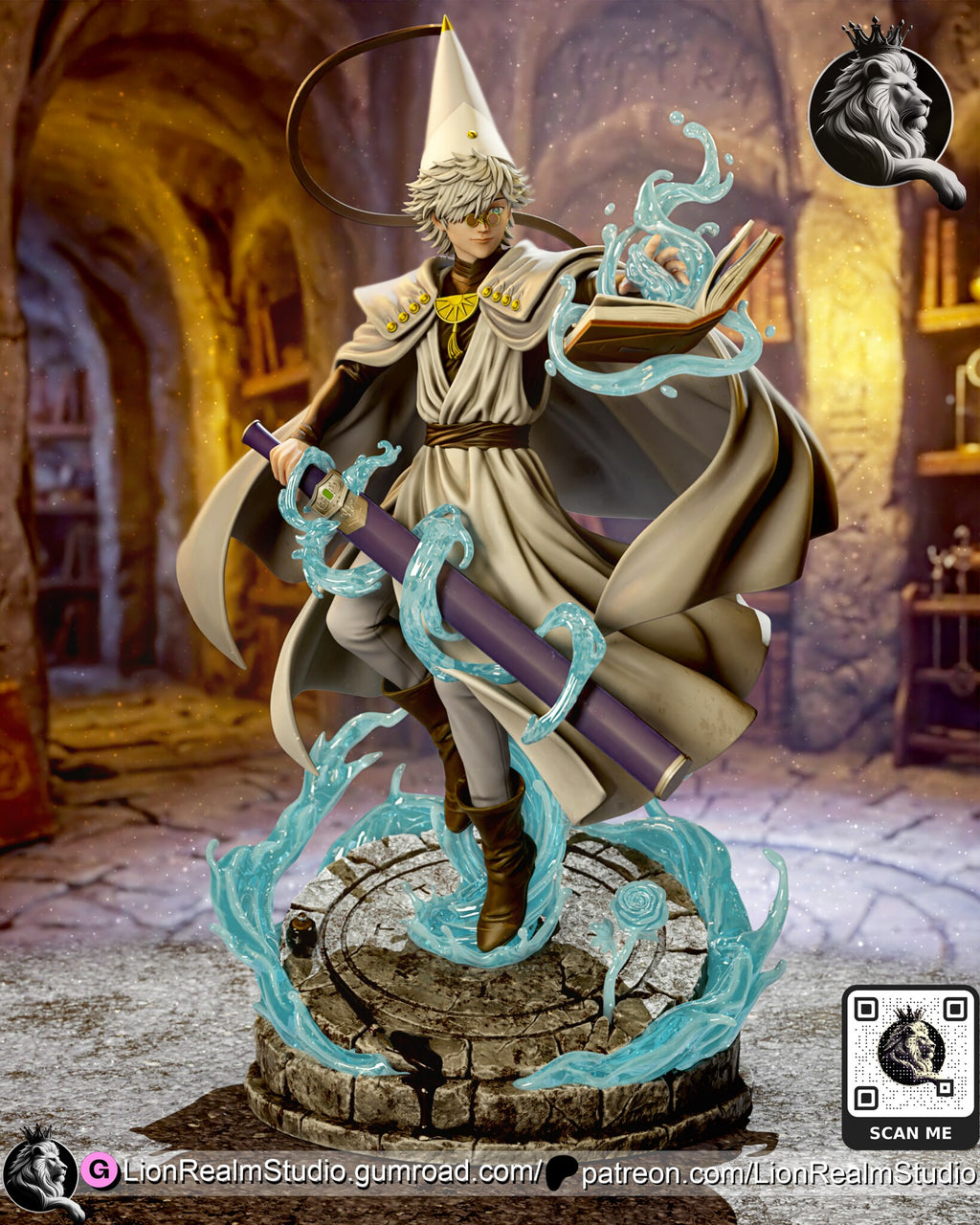 Sculptor's render (kit ships unpainted): full front view with the sword in its purple scabbard, wrapped in loops of water