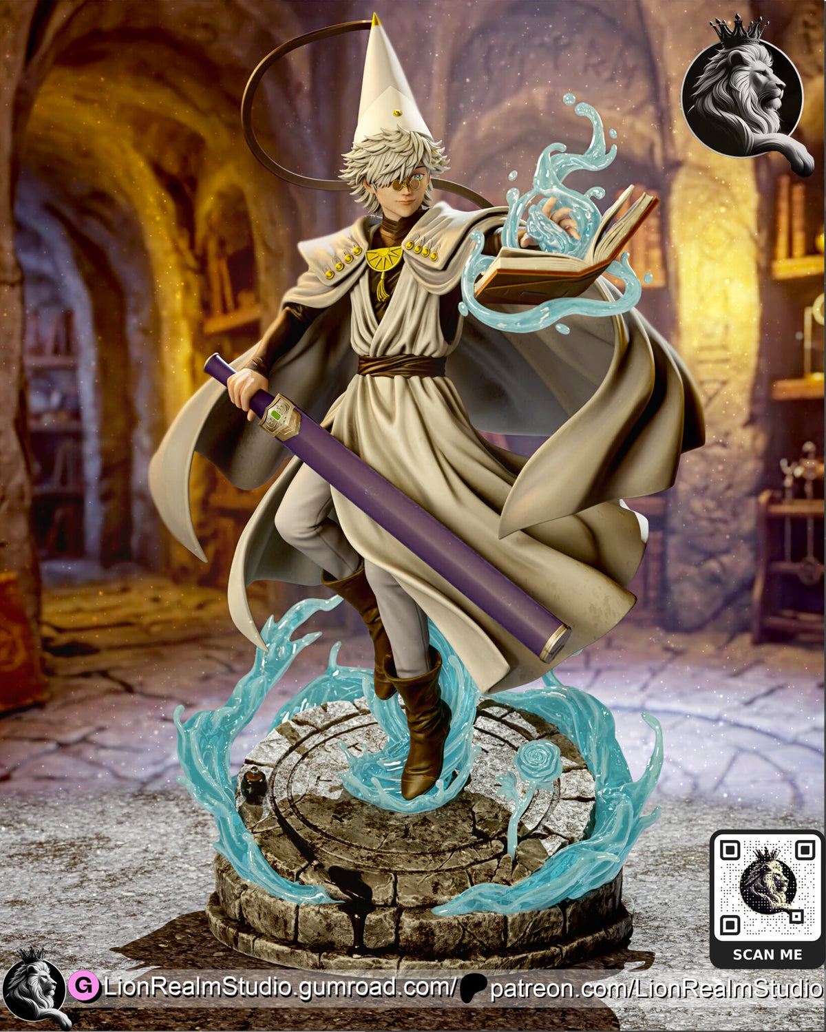 Sculptor's render (kit ships unpainted): full front view with the plain purple sheathed sword and no water on it