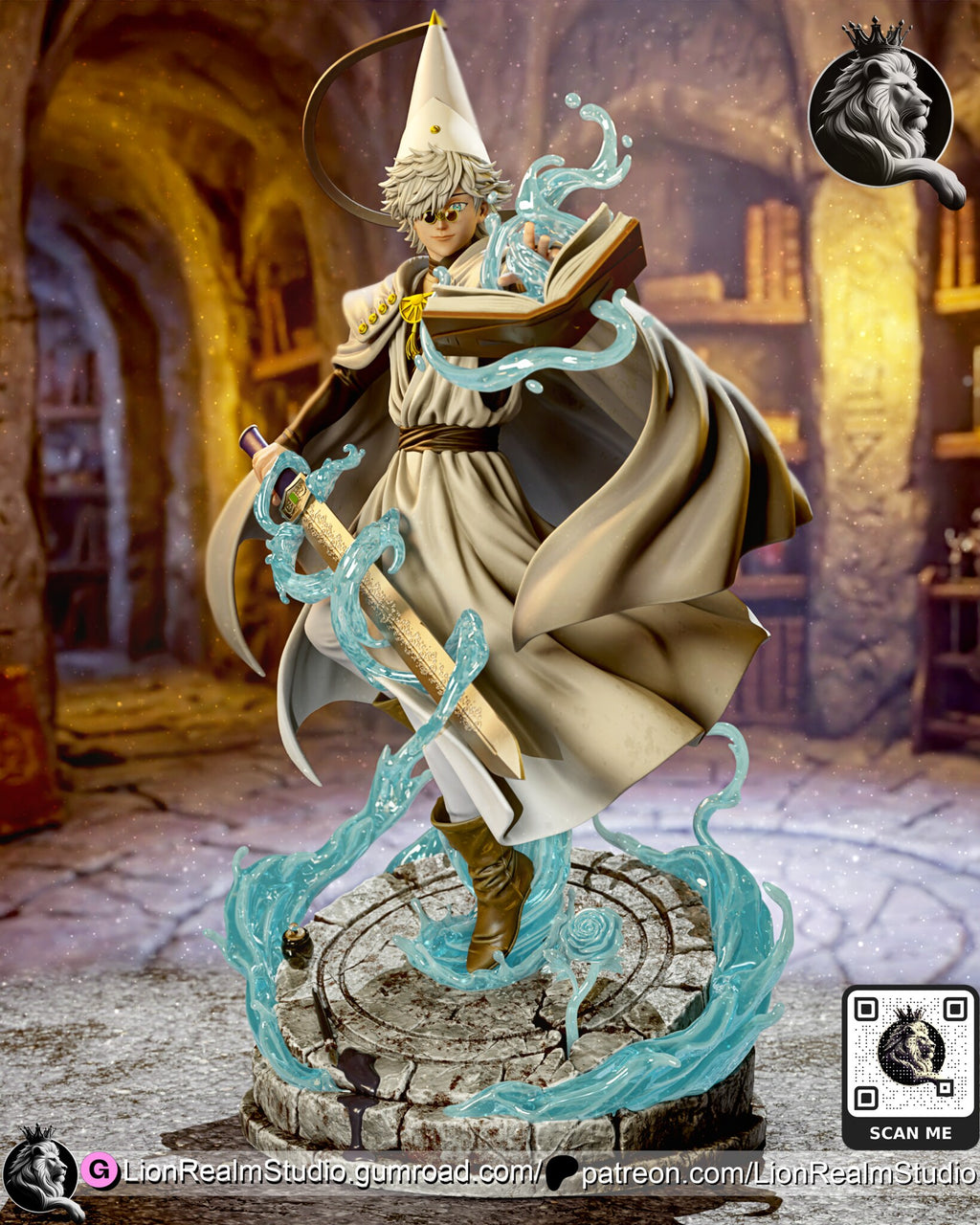 Sculptor's render (kit ships unpainted): three-quarter view from the left, with the cloak swinging out and the ink pot on the stone