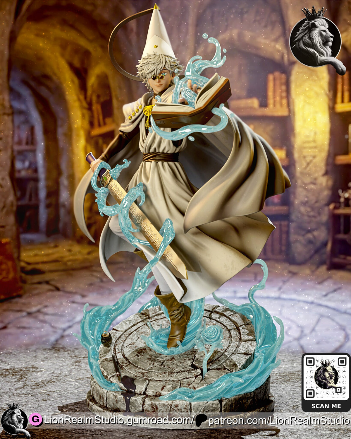 Sculptor's render (kit ships unpainted): three-quarter view from the left, with the cloak swinging out and the ink pot on the stone