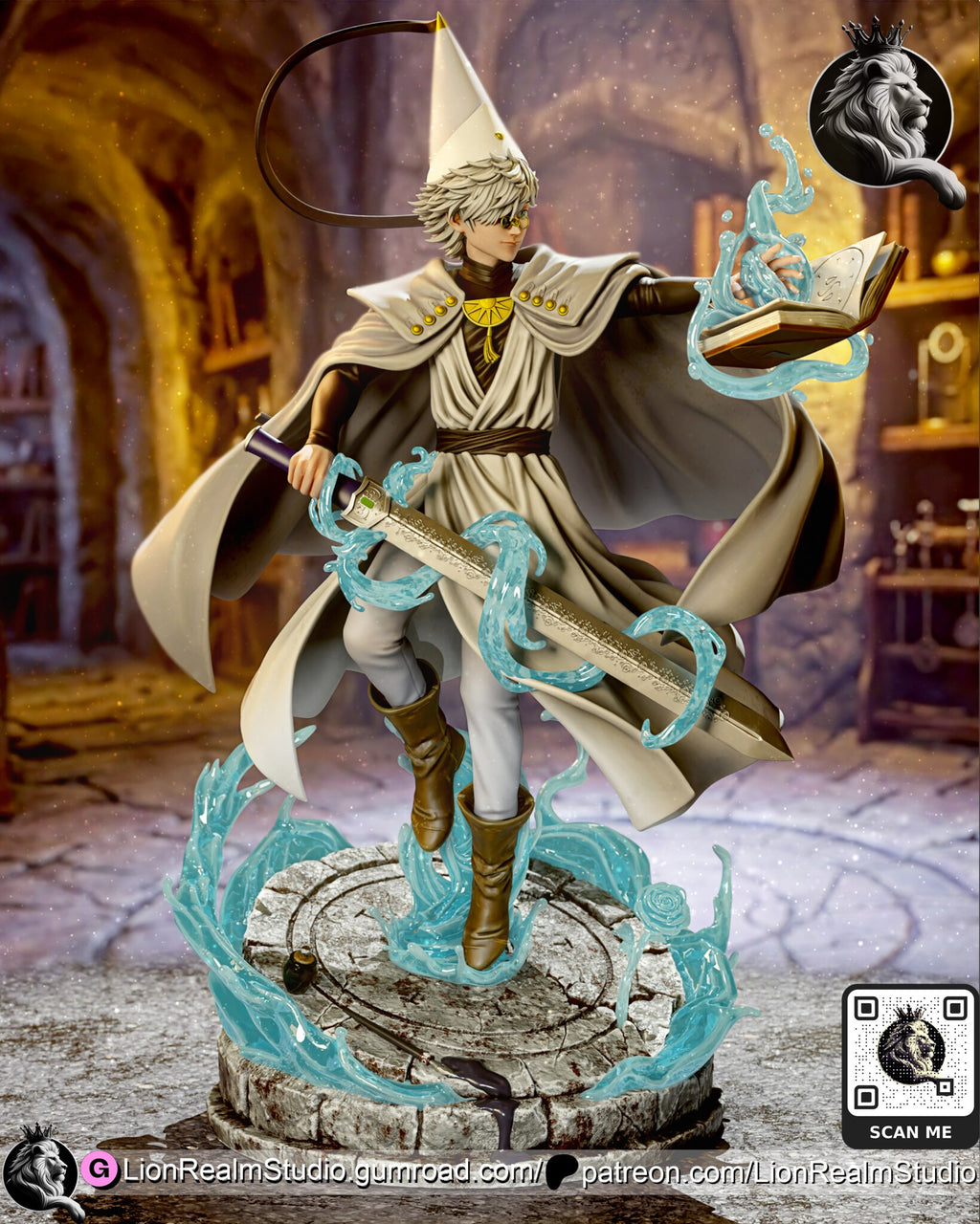 Sculptor's render (kit ships unpainted): view from the right front showing the open page of the book, the hat band loop and the bent rear leg
