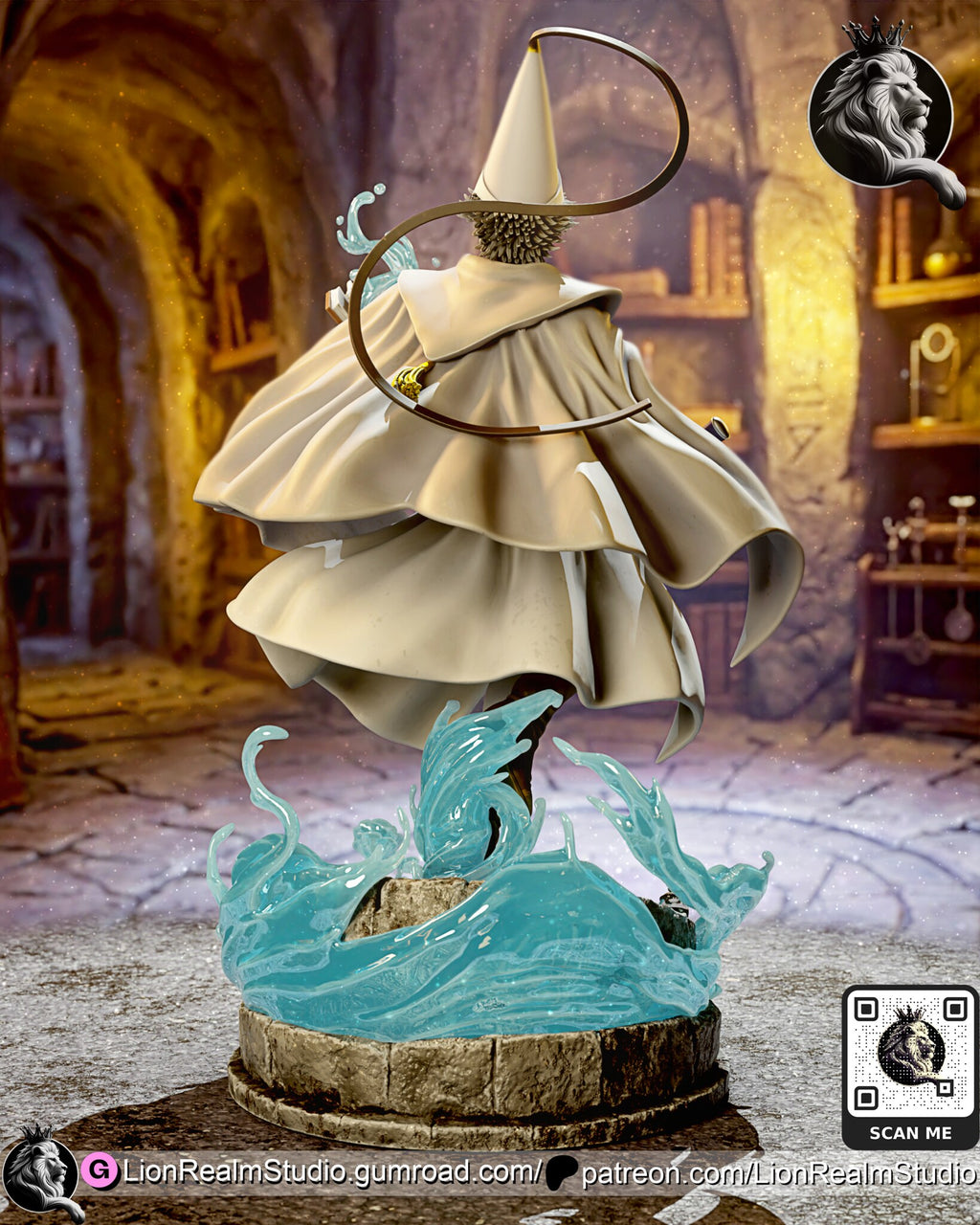 Sculptor's render (kit ships unpainted): rear view of the long cream cloak, the hat band loop and the tall ring of waves behind the plinth