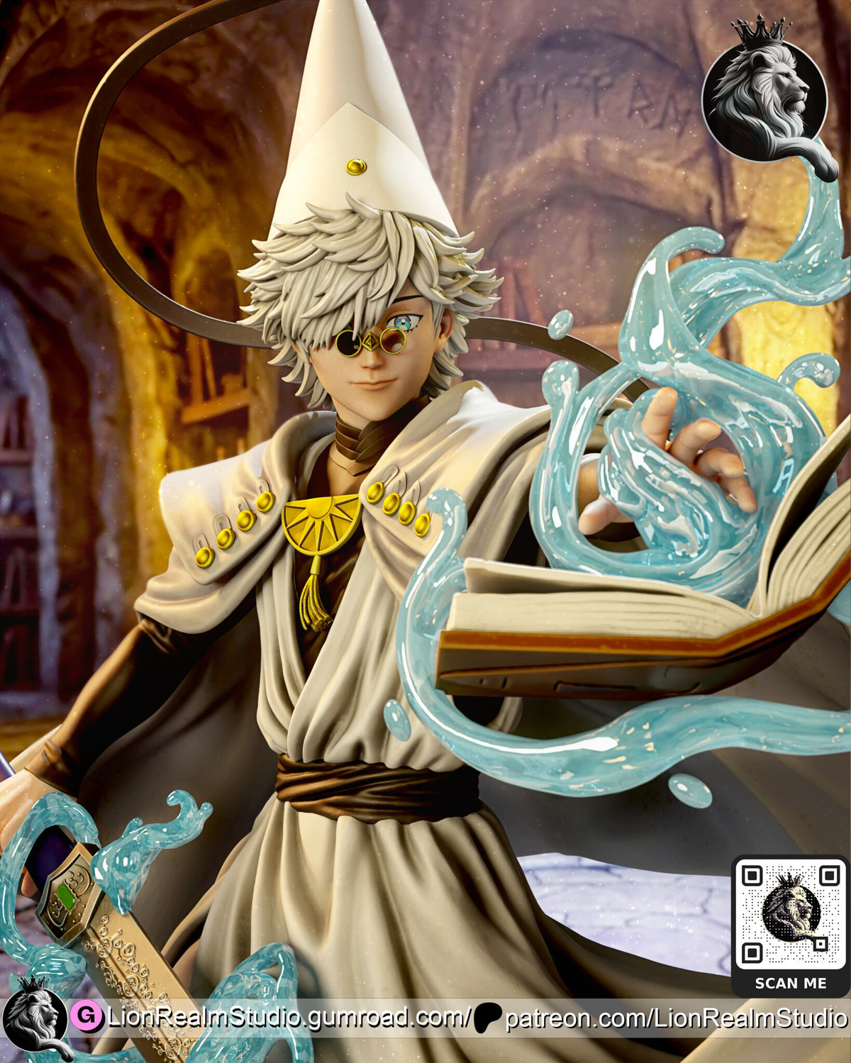 Sculptor's render (kit ships unpainted): close-up of the smiling face with the dark round eyepiece, the gold collar clasp and the open book with water spiraling out of it