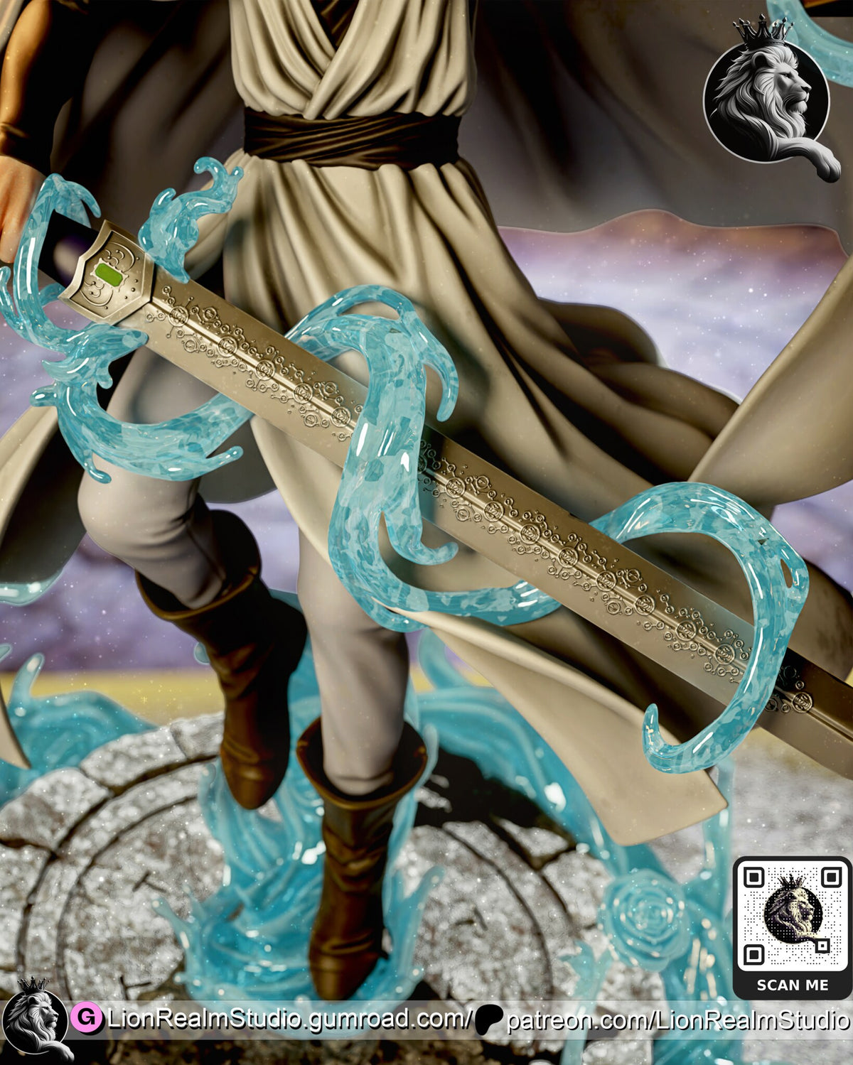 Sculptor's render (kit ships unpainted): close-up of the engraved blade and green-jeweled guard wrapped in water, with the boots and the water column below