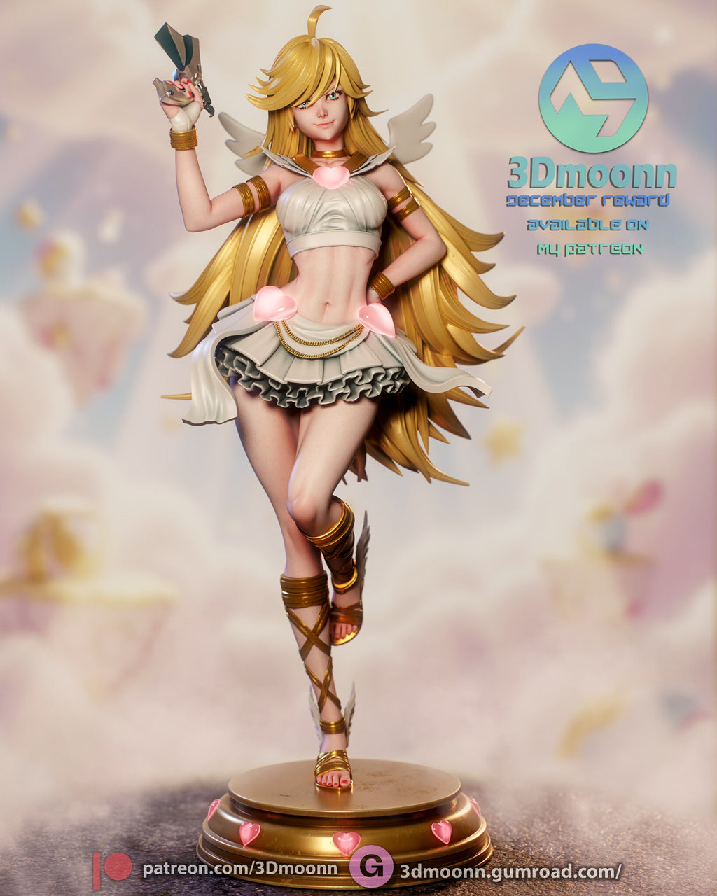 Sculptor's render of the painted design (kit ships unpainted): front view of the blonde winged girl balanced on one foot, pistol raised, on the round gold base with pink hearts
