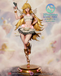 Sculptor's render of the painted design (kit ships unpainted): front view of the blonde winged girl balanced on one foot, pistol raised, on the round gold base with pink hearts