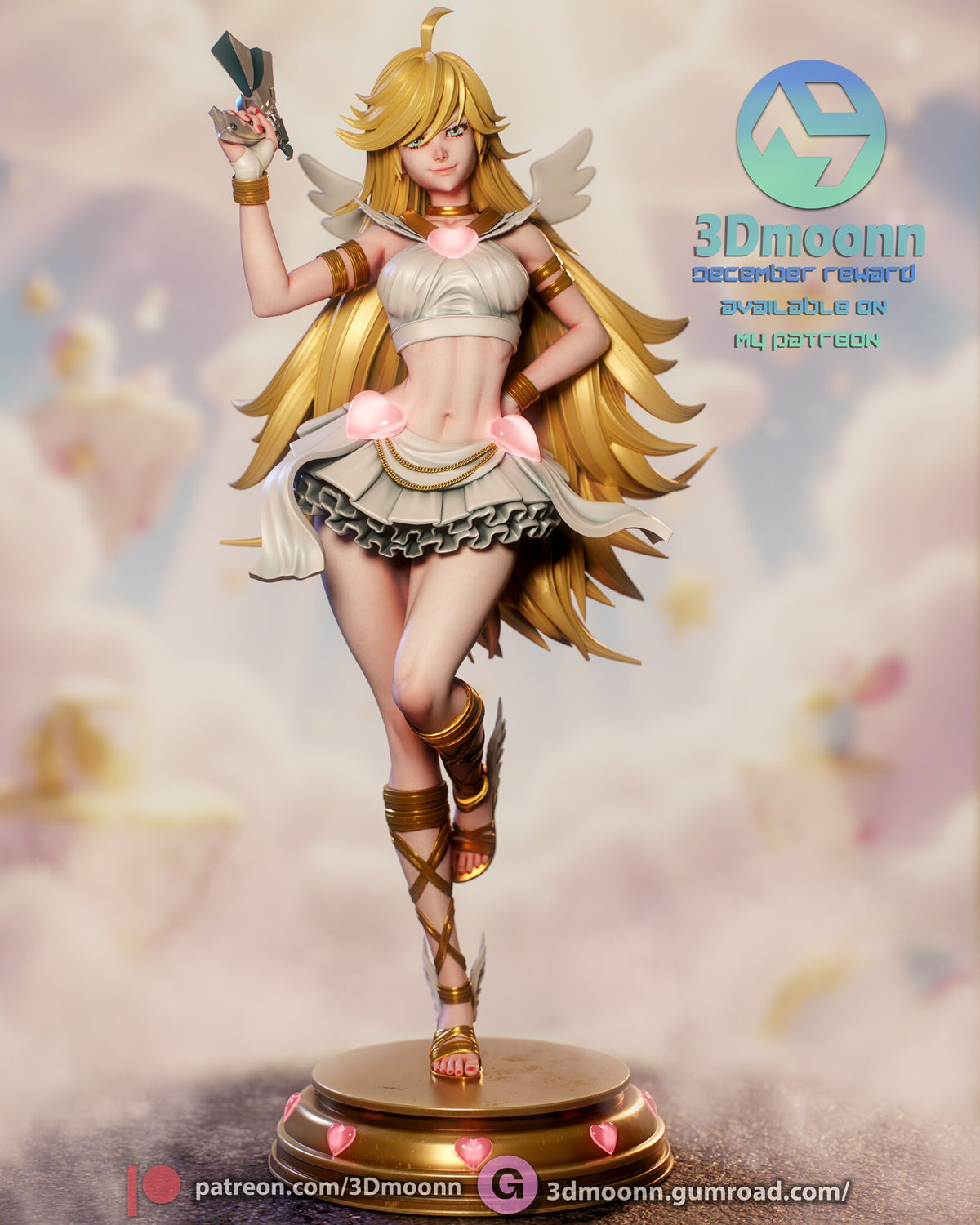 Sculptor's render of the painted design (kit ships unpainted): front view of the blonde winged girl balanced on one foot, pistol raised, on the round gold base with pink hearts