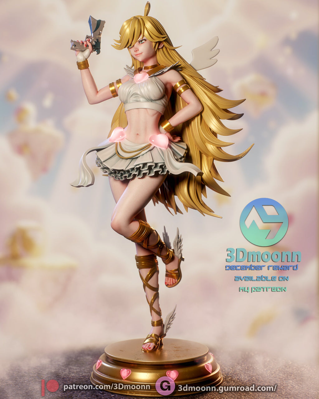 Sculptor's render (kit ships unpainted): front view from her left, with the raised foot and gold sandal straps
