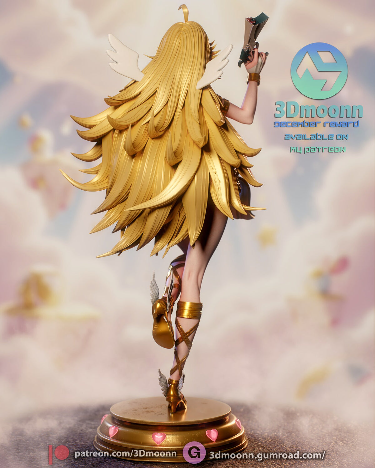 Sculptor's render (kit ships unpainted): back view of the long layered blonde hair and the two small wings