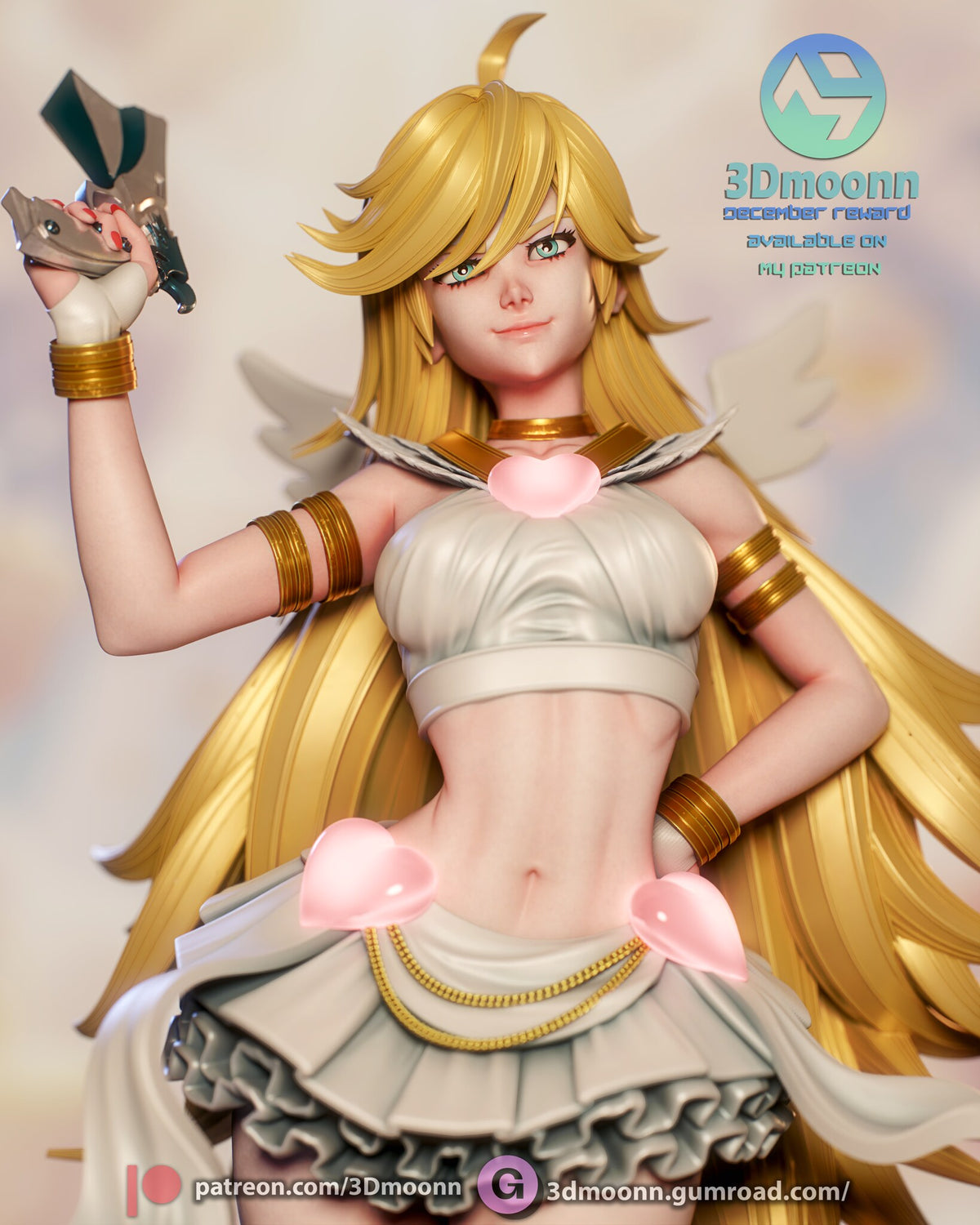 Sculptor's render (kit ships unpainted): close-up of her face, pink heart choker and white crop top