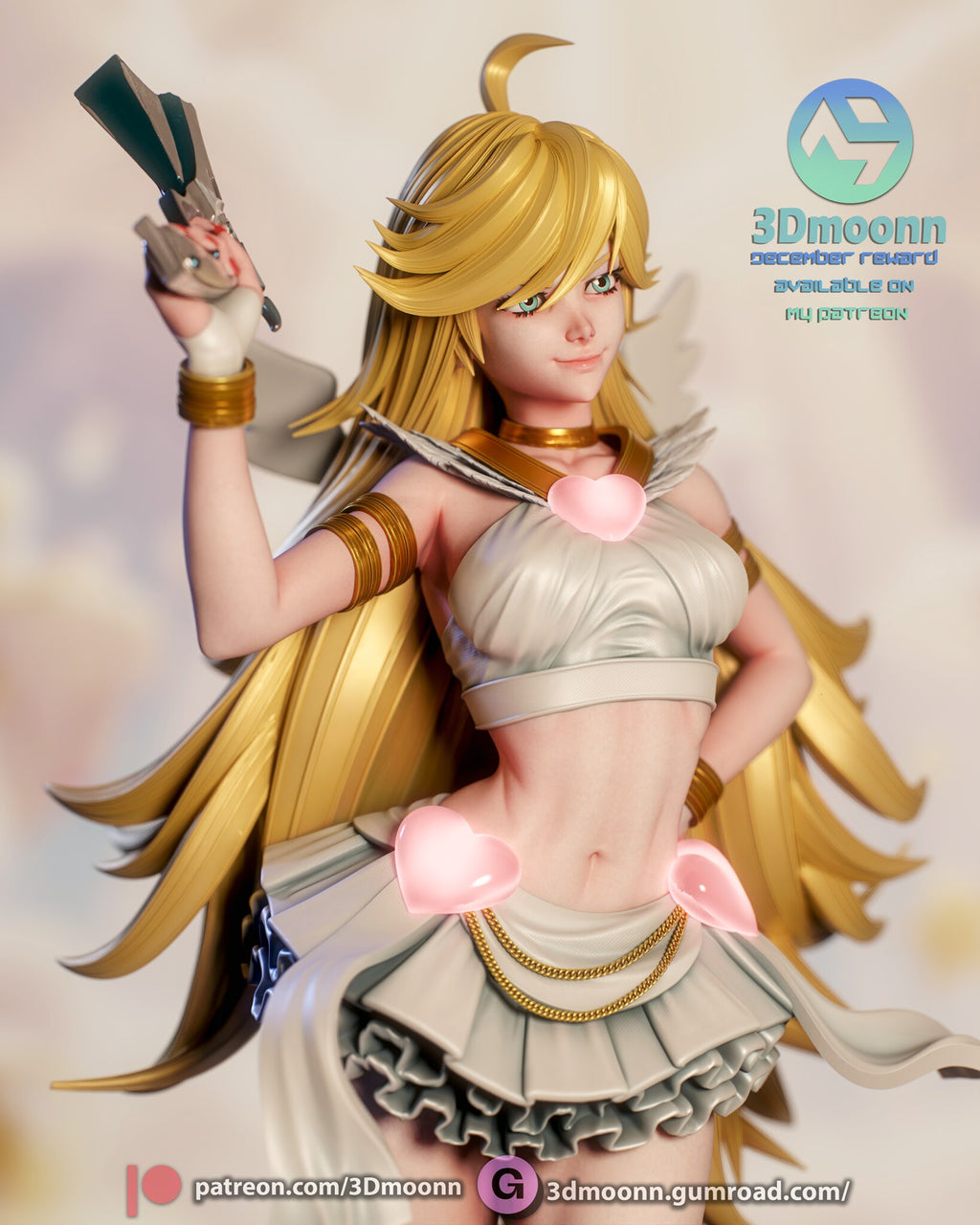 Sculptor's render (kit ships unpainted): close-up from her left of the face, raised pistol and gold arm bands