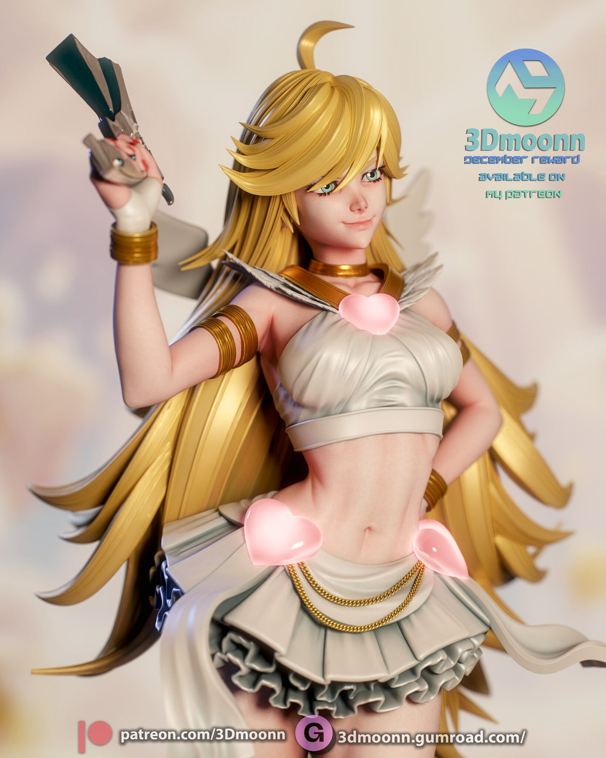 Sculptor's render (kit ships unpainted): close-up from her left of the face, raised pistol and gold arm bands