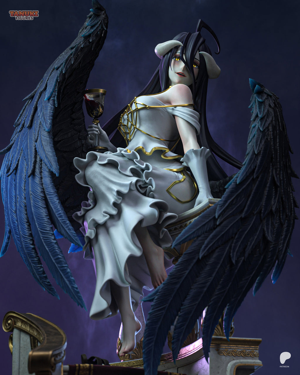Sculptor's render (kit ships unpainted): closer front view of the seated figure between the two black wings, goblet raised