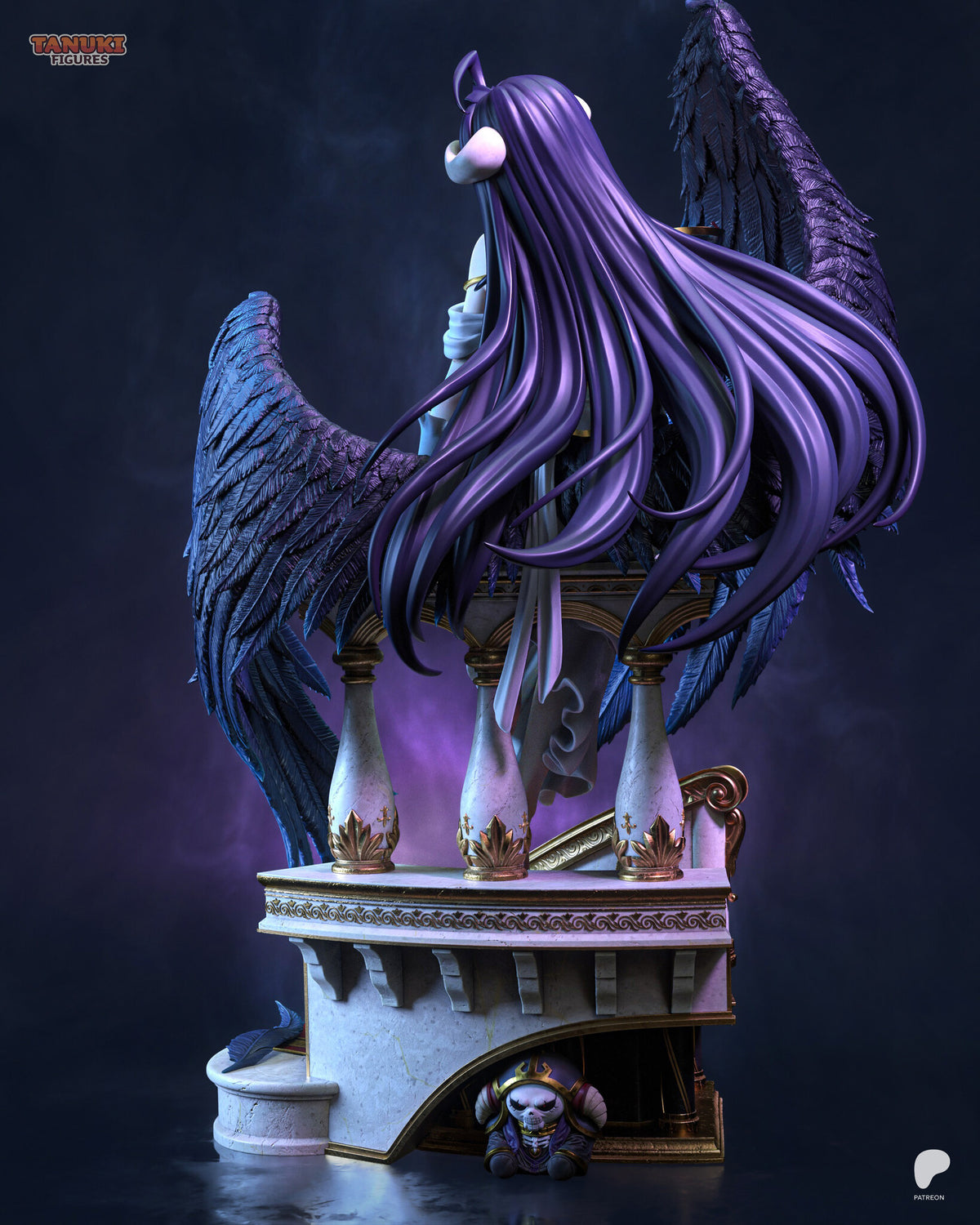 Sculptor's render (kit ships unpainted): back view of the long hair, the wings and the three balusters, with the small doll under the landing