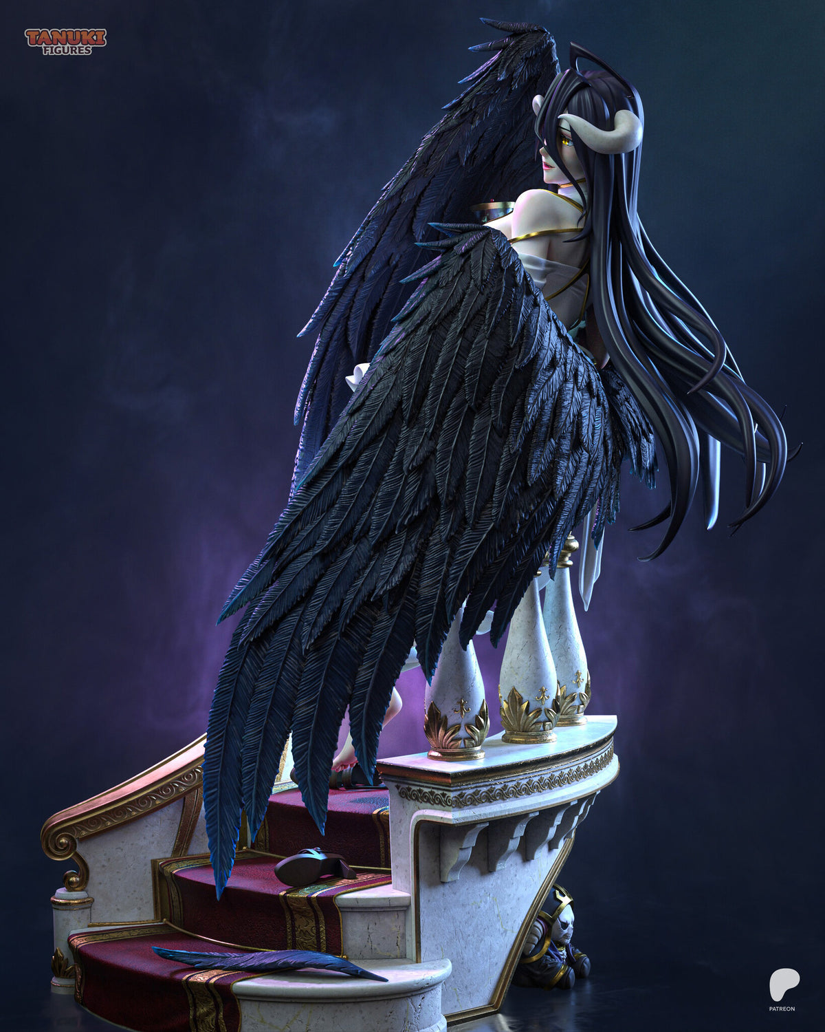 Sculptor's render (kit ships unpainted): rear right view with one wing hanging down beside the carpeted steps