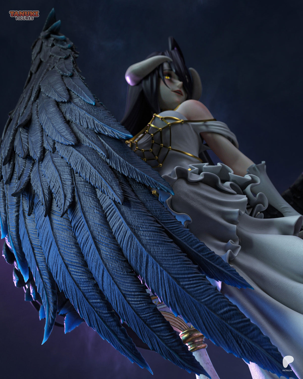 Sculptor's render (kit ships unpainted): close view of the feathered black wing with blue highlights