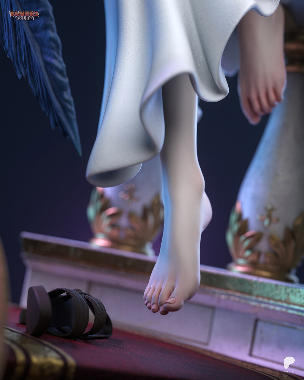Sculptor's render (kit ships unpainted): close-up of the skirt hem above the landing, with a kicked-off sandal on the red runner