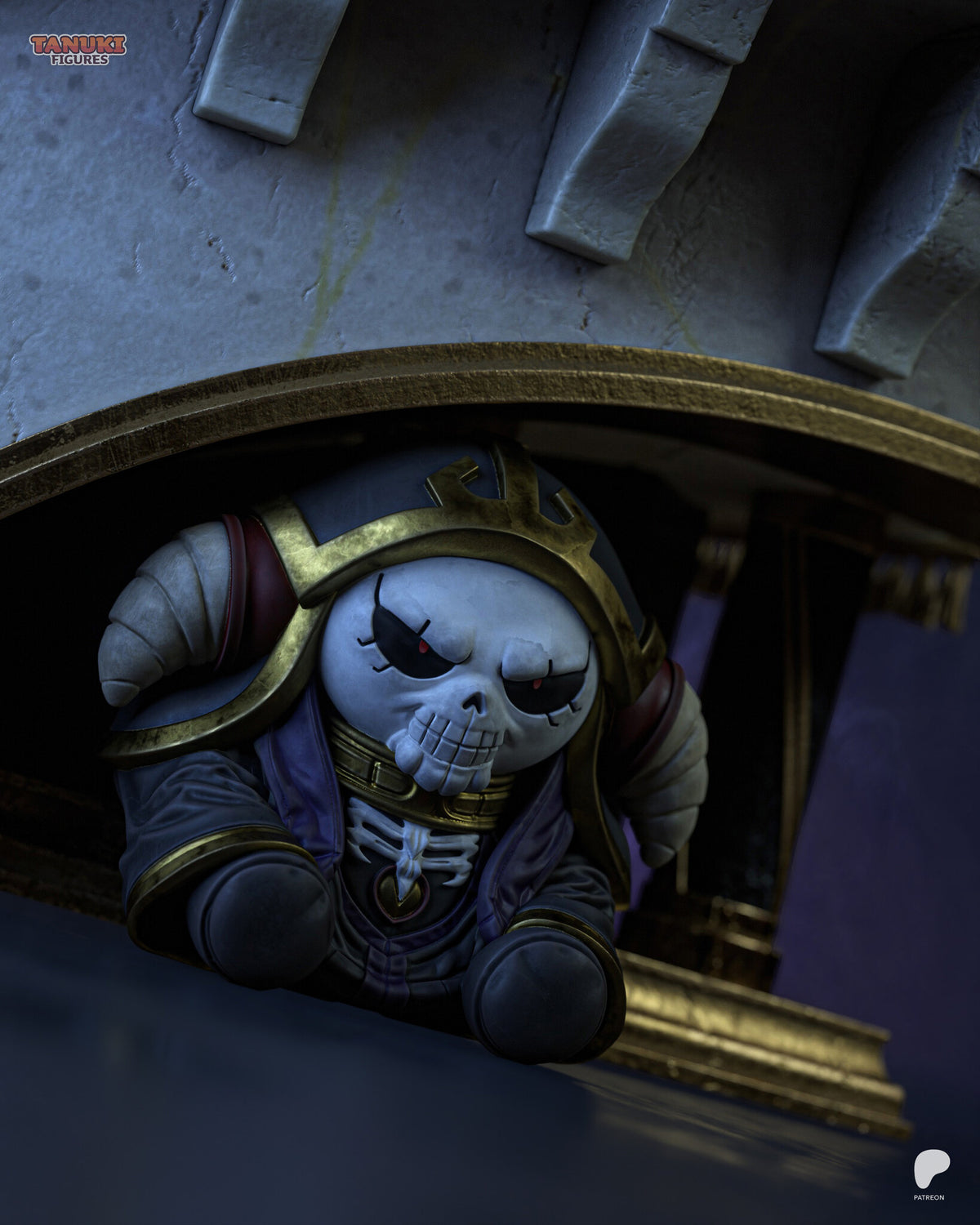 Sculptor's render (kit ships unpainted): close-up of the small chibi doll with a skull face and gold-trimmed hood, under the landing
