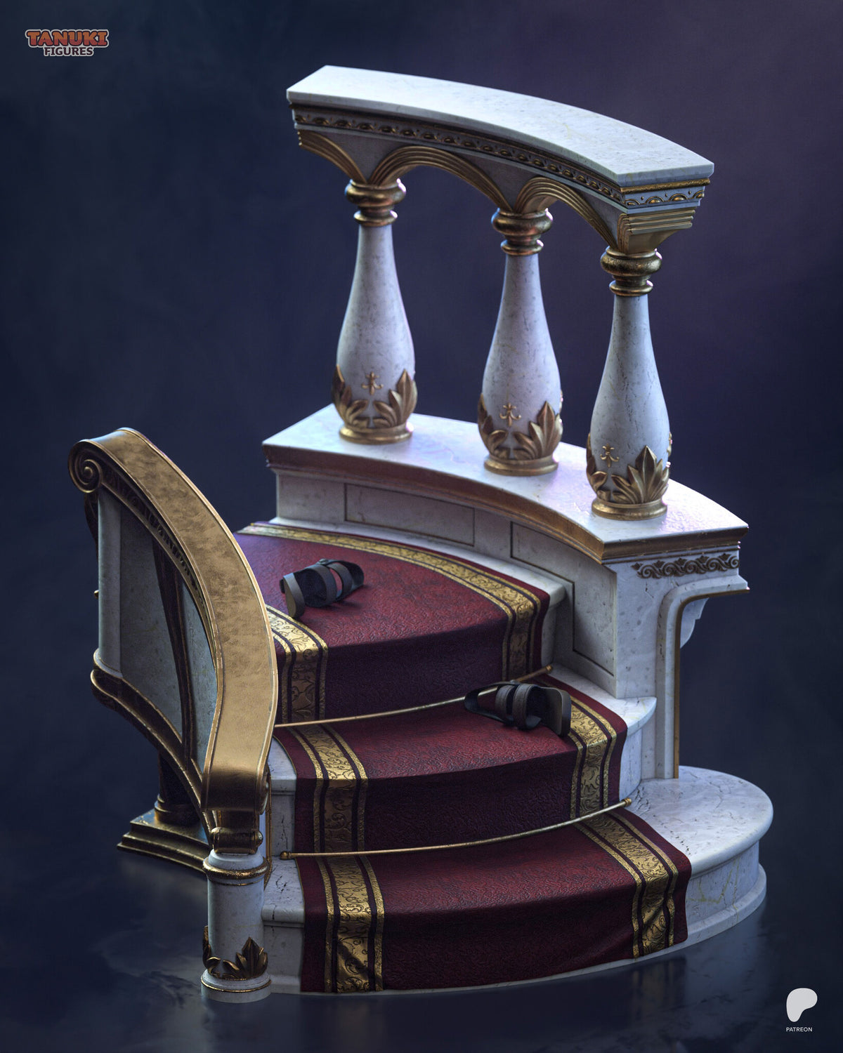 Sculptor's render (kit ships unpainted): the empty marble staircase base with its red runner, two sandals and the three-baluster rail
