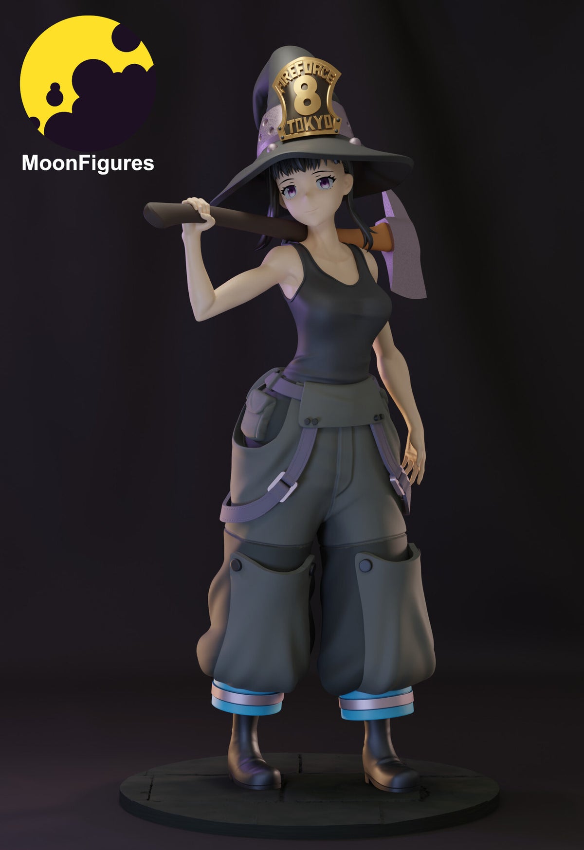 Sculptor's render of the painted design (kit ships unpainted): full front view of the firefighter woman in a black tank top and baggy grey-green turnout trousers, an axe resting across her shoulders, on the round base